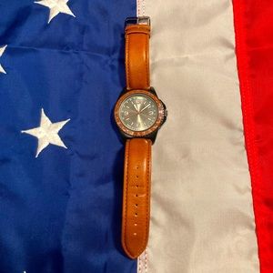 Mens 43mm Orange/Black Watch With Leather Strap
